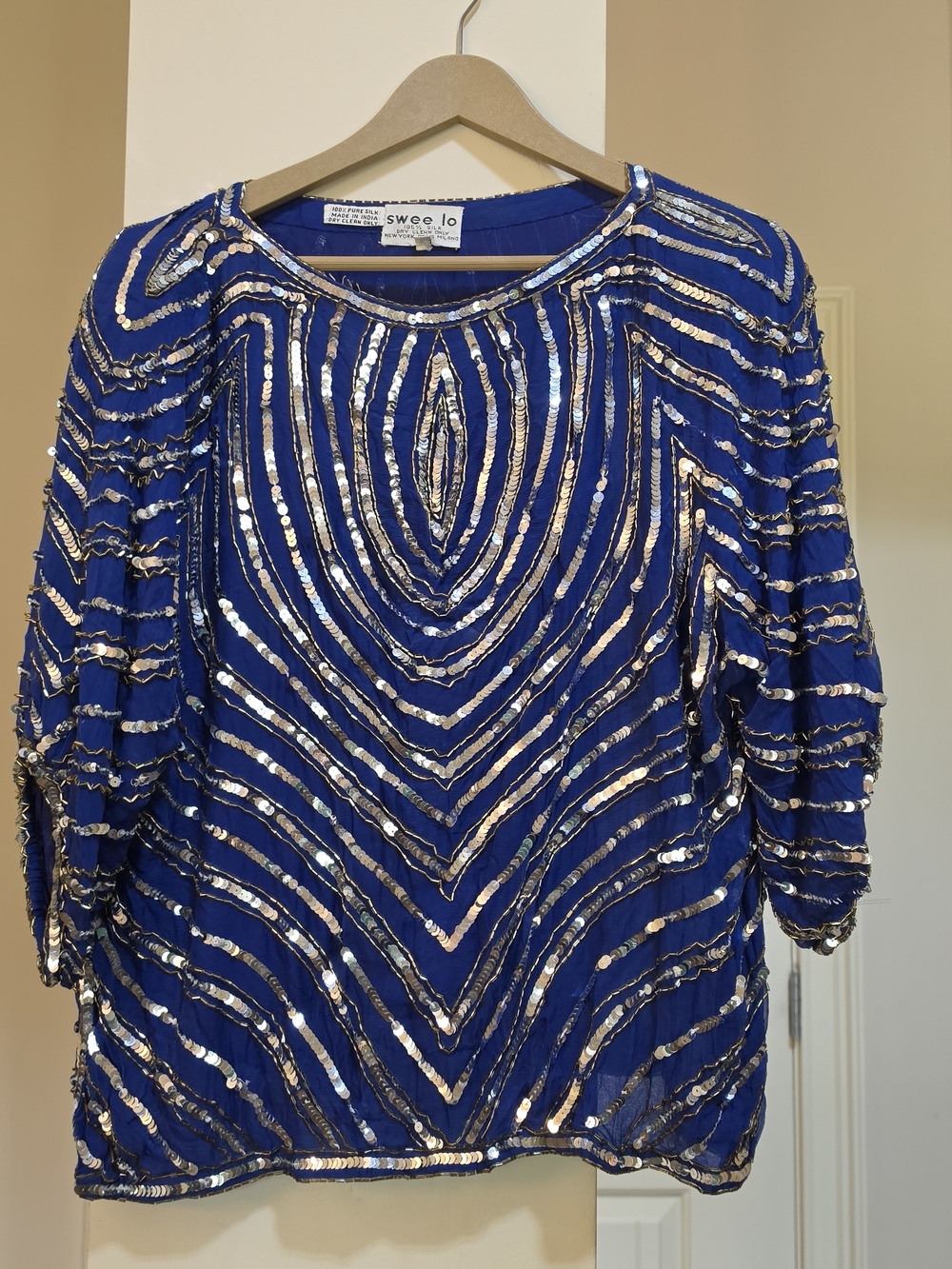 swee lo Royal Blue Sequin‎ Embellished Top- 100%pure Silk Size Large